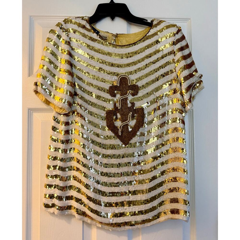 Vintage MODI 100% Silk Gold & White Striped Sequin Anchor Blouse. Size Medium.